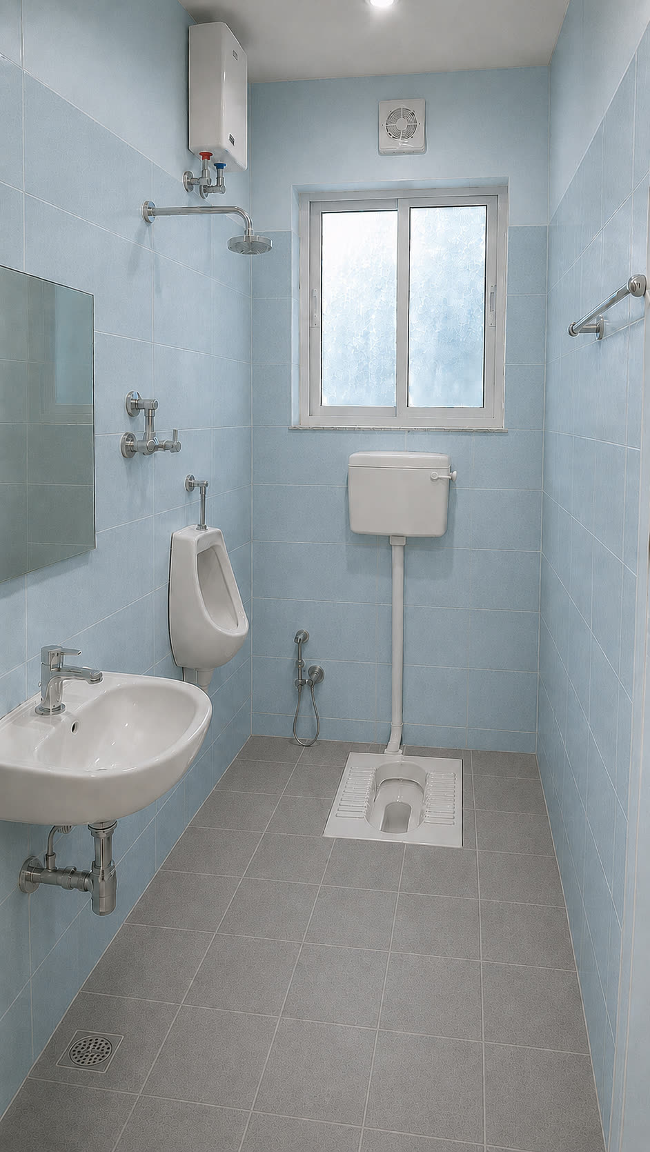 Essential tier bathroom — light blue ceramic tile, plain white sanitaryware