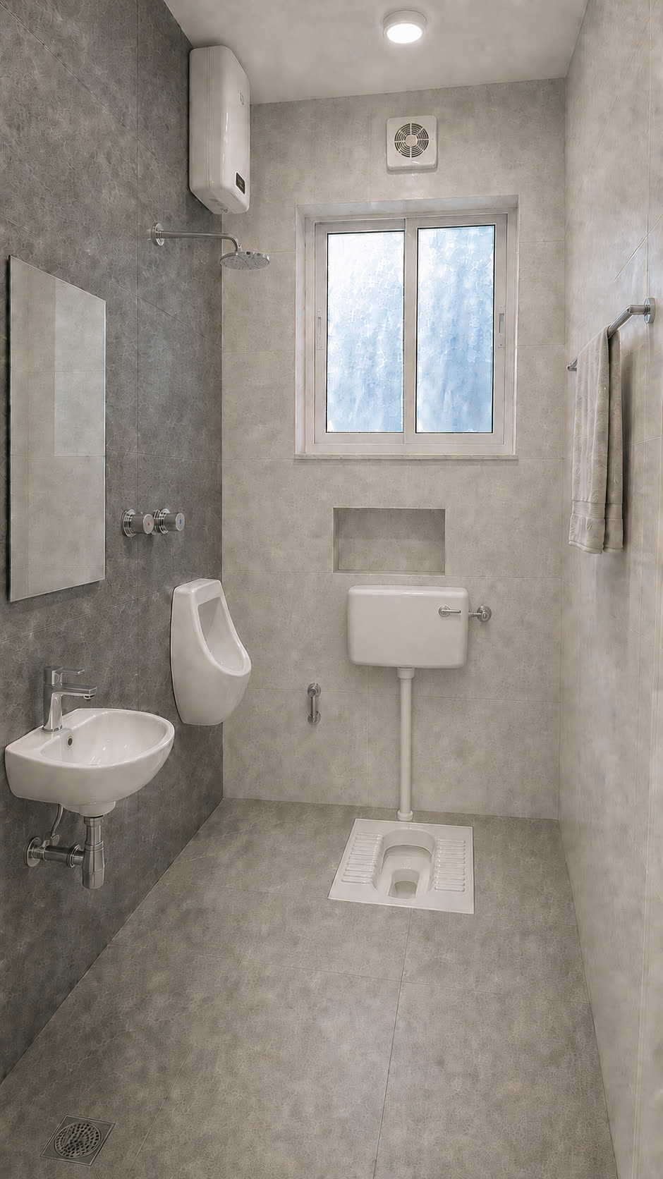 Standard tier bathroom — stone-effect tile with plain white sanitaryware