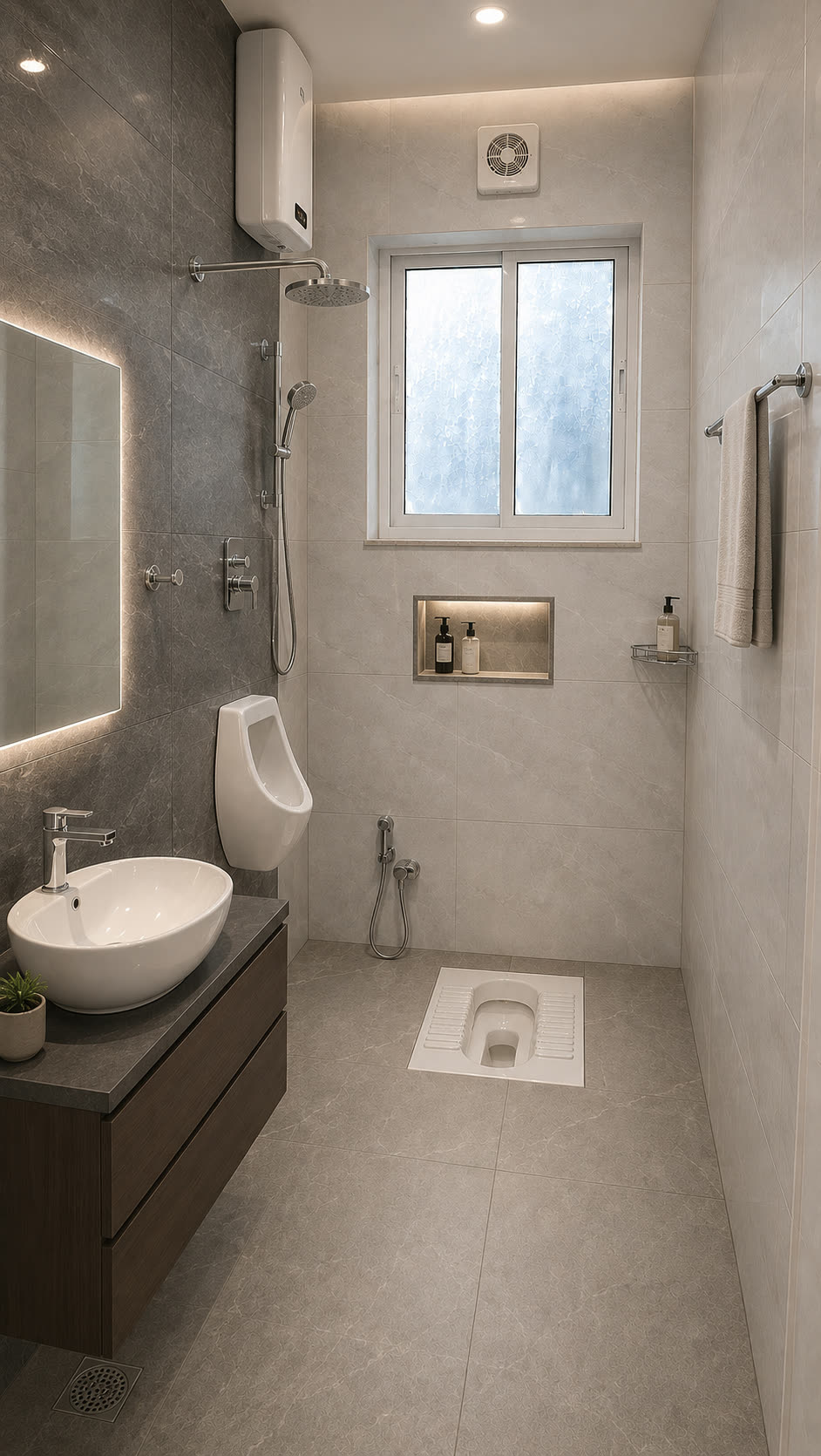 Premium tier bathroom — stone-effect tile, wood vanity, backlit mirror